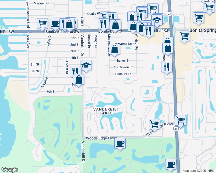 map of restaurants, bars, coffee shops, grocery stores, and more near 3890 Leeward Passage Court in Bonita Springs