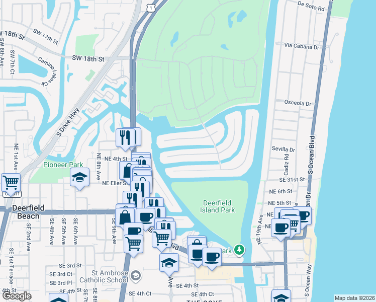 map of restaurants, bars, coffee shops, grocery stores, and more near 212 West Key Palm Road in Boca Raton