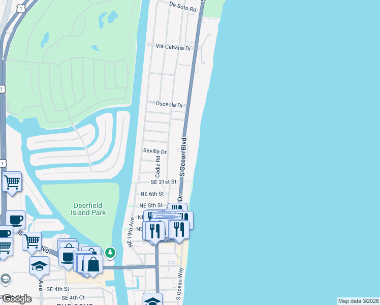 map of restaurants, bars, coffee shops, grocery stores, and more near 2800 South Ocean Boulevard in Boca Raton