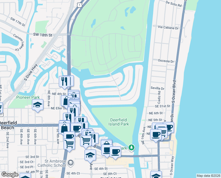 map of restaurants, bars, coffee shops, grocery stores, and more near 272 West Key Palm Road in Boca Raton