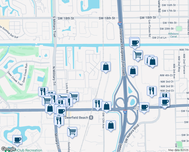 map of restaurants, bars, coffee shops, grocery stores, and more near 413 Bougainvilla Drive in Deerfield Beach