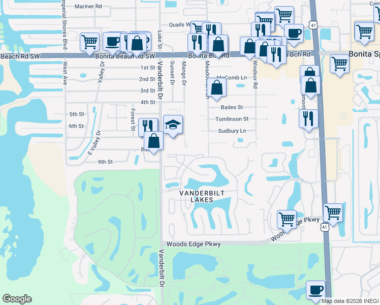 map of restaurants, bars, coffee shops, grocery stores, and more near 3910 Leeward Passage Court in Bonita Springs