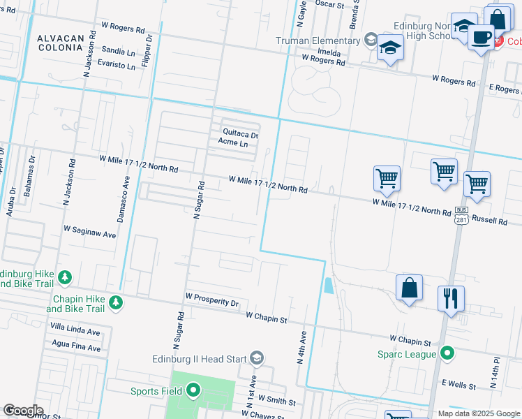 map of restaurants, bars, coffee shops, grocery stores, and more near 2104 Garden Ridge Drive in Edinburg