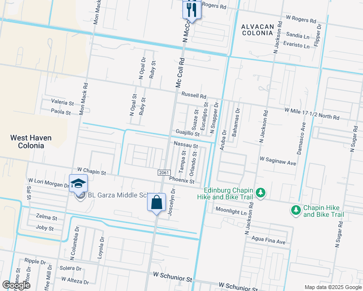 map of restaurants, bars, coffee shops, grocery stores, and more near 2807 Nassau Street in Edinburg