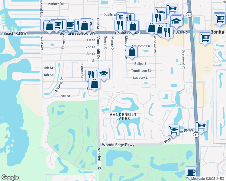 map of restaurants, bars, coffee shops, grocery stores, and more near 3940 Leeward Passage Court in Bonita Springs