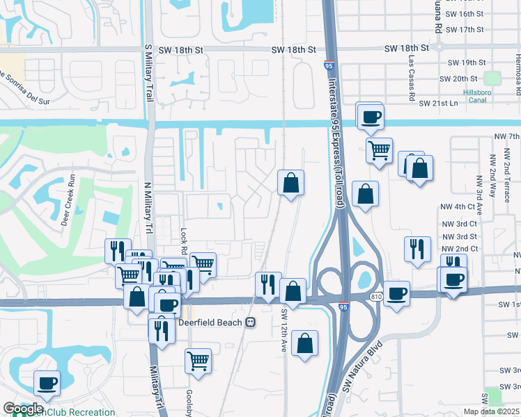 map of restaurants, bars, coffee shops, grocery stores, and more near 413 Bougainvilla Drive in Deerfield Beach