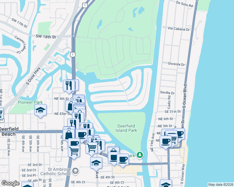 map of restaurants, bars, coffee shops, grocery stores, and more near 251 Coconut Palm Road in Boca Raton