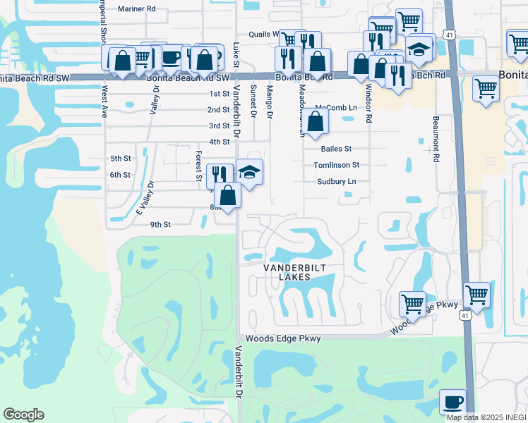 map of restaurants, bars, coffee shops, grocery stores, and more near 3940 Leeward Passage Court in Bonita Springs