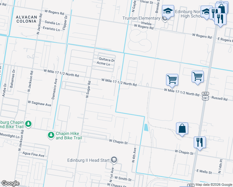 map of restaurants, bars, coffee shops, grocery stores, and more near 2104 Garden Ridge Drive in Edinburg