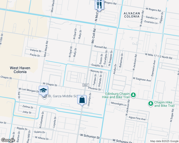 map of restaurants, bars, coffee shops, grocery stores, and more near 1709 Phoenix Street in Edinburg