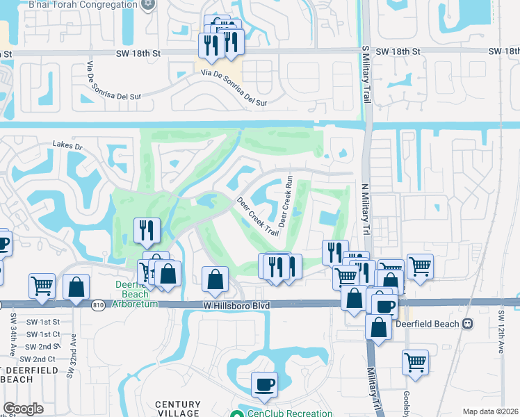 map of restaurants, bars, coffee shops, grocery stores, and more near 2300 DC Country Club Boulevard in Deerfield Beach