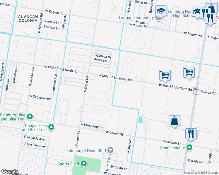 map of restaurants, bars, coffee shops, grocery stores, and more near 1304 West Russel Road in Edinburg