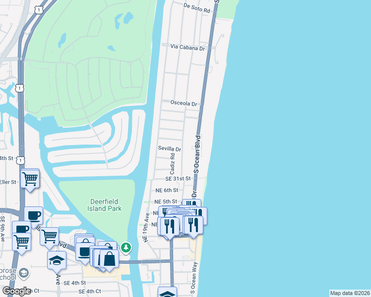 map of restaurants, bars, coffee shops, grocery stores, and more near 2851 South Ocean Boulevard in Boca Raton