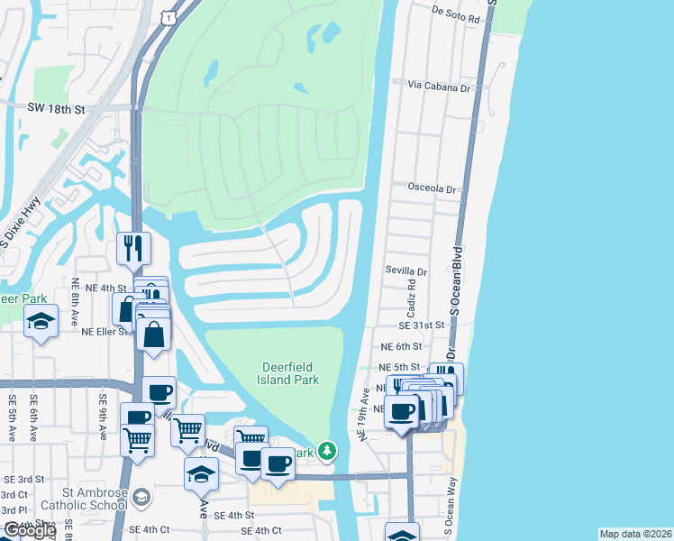 map of restaurants, bars, coffee shops, grocery stores, and more near 360 East Coconut Palm Road in Boca Raton