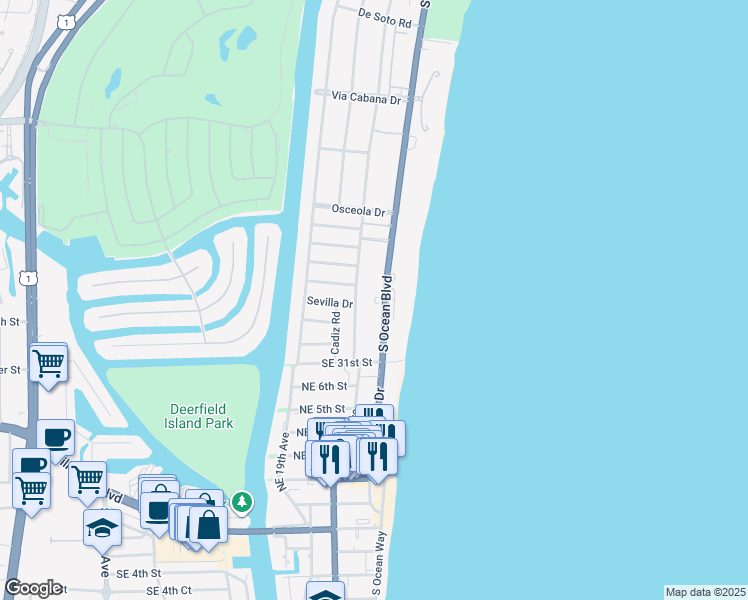 map of restaurants, bars, coffee shops, grocery stores, and more near 2851 South Ocean Boulevard in Boca Raton