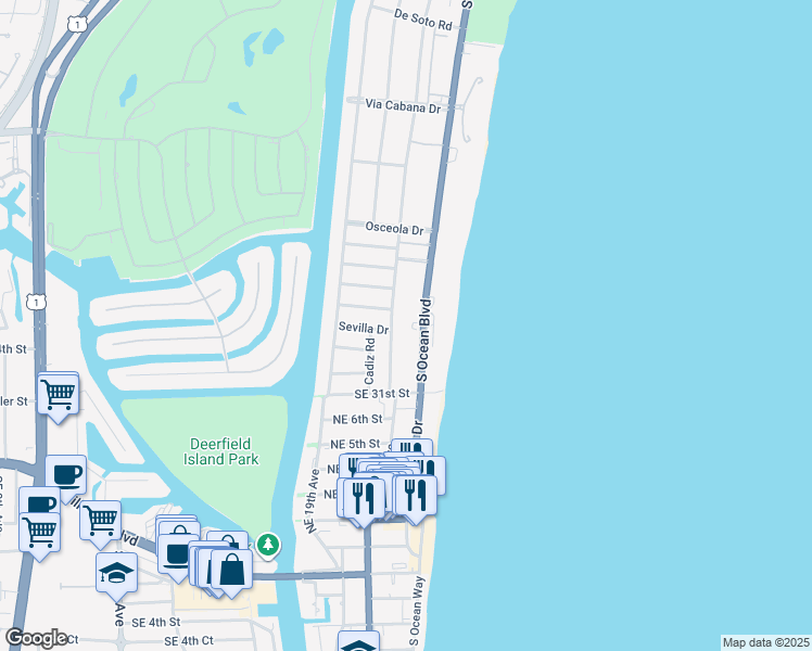 map of restaurants, bars, coffee shops, grocery stores, and more near 2851 South Ocean Boulevard in Boca Raton