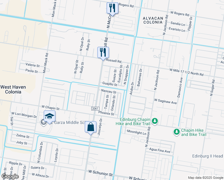 map of restaurants, bars, coffee shops, grocery stores, and more near 2701 Nassau Street in Edinburg