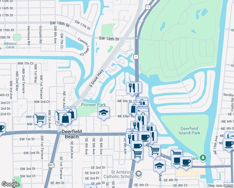 map of restaurants, bars, coffee shops, grocery stores, and more near 475 Northeast 8th Avenue in Deerfield Beach