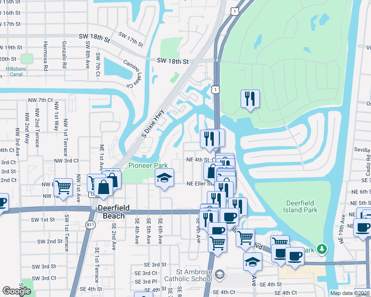 map of restaurants, bars, coffee shops, grocery stores, and more near 466 Northeast 8th Avenue in Deerfield Beach
