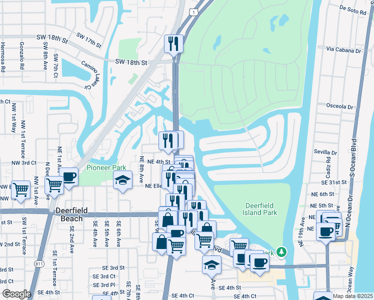 map of restaurants, bars, coffee shops, grocery stores, and more near 410 North Federal Highway in Deerfield Beach