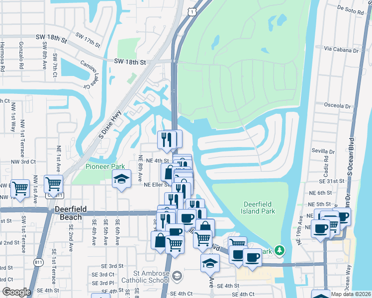 map of restaurants, bars, coffee shops, grocery stores, and more near 410 North Federal Highway in Deerfield Beach