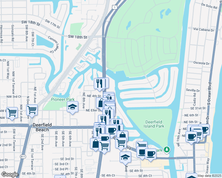map of restaurants, bars, coffee shops, grocery stores, and more near 410 North Federal Highway in Deerfield Beach