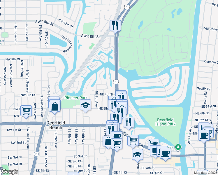 map of restaurants, bars, coffee shops, grocery stores, and more near 896 Northeast 5th Street in Deerfield Beach