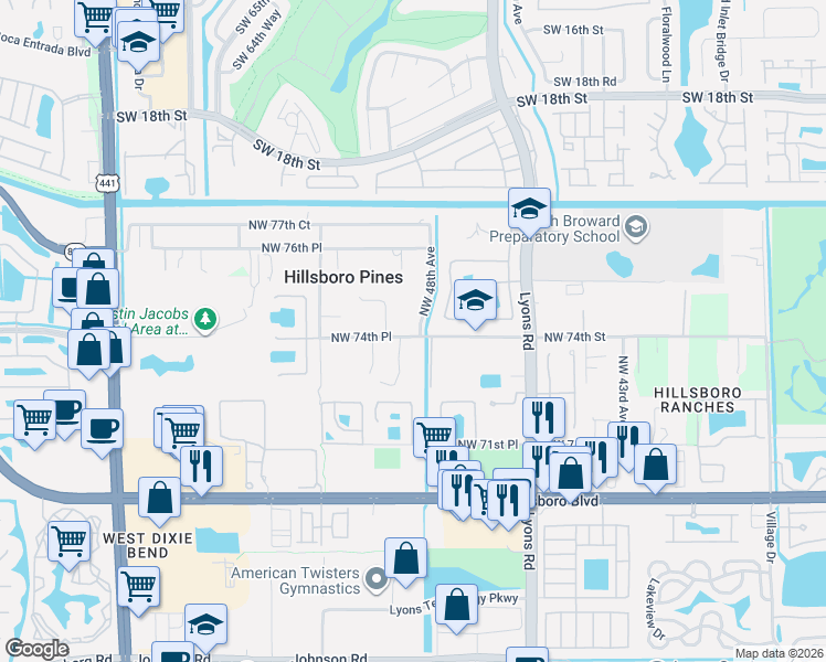 map of restaurants, bars, coffee shops, grocery stores, and more near 7400 Northwest 49th Lane in Pompano Beach