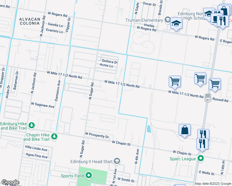 map of restaurants, bars, coffee shops, grocery stores, and more near 1304 West Russel Road in Edinburg