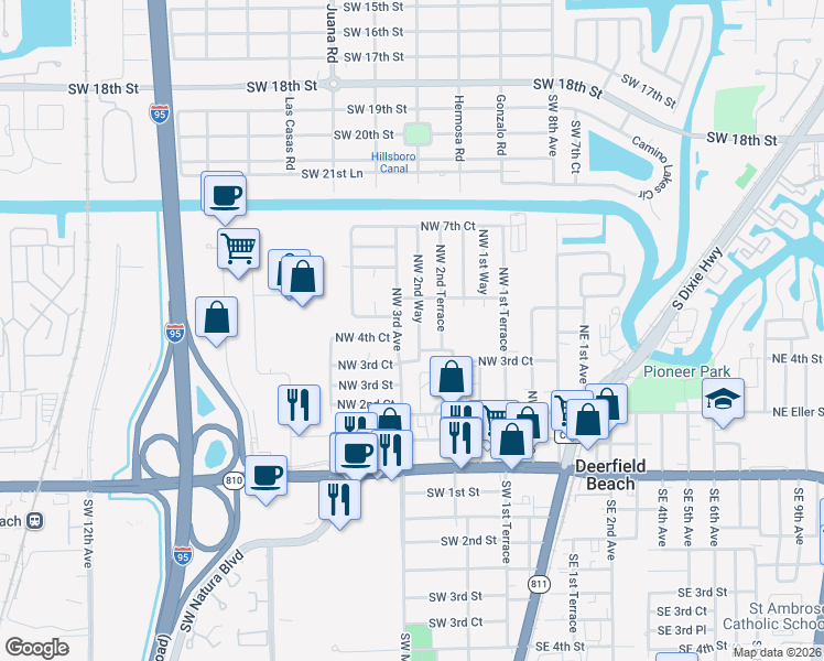 map of restaurants, bars, coffee shops, grocery stores, and more near 441 Northwest 2nd Way in Deerfield Beach