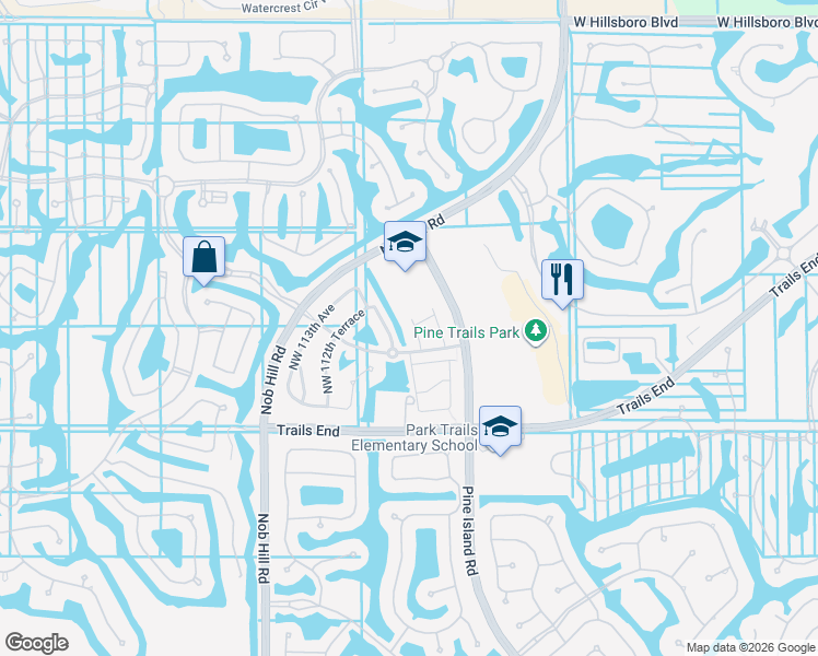 map of restaurants, bars, coffee shops, grocery stores, and more near 7445 Northwest 109th Avenue in Parkland