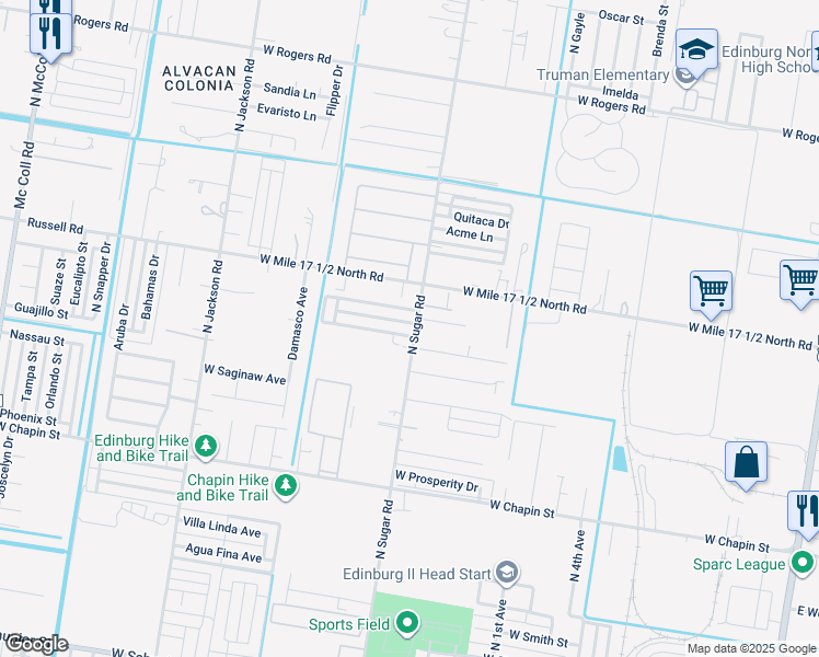 map of restaurants, bars, coffee shops, grocery stores, and more near 1602 West Portales Drive in Edinburg