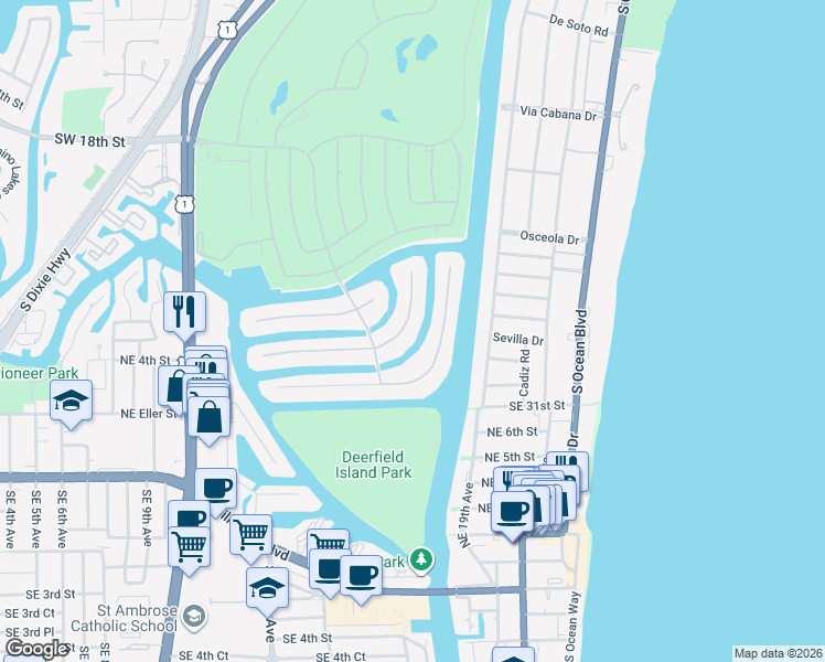 map of restaurants, bars, coffee shops, grocery stores, and more near 360 East Coconut Palm Road in Boca Raton