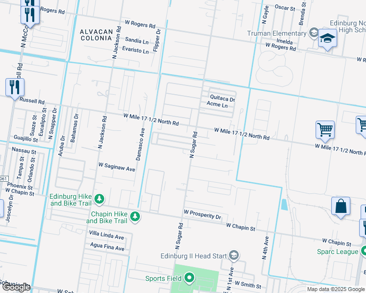 map of restaurants, bars, coffee shops, grocery stores, and more near 1602 West Portales Drive in Edinburg