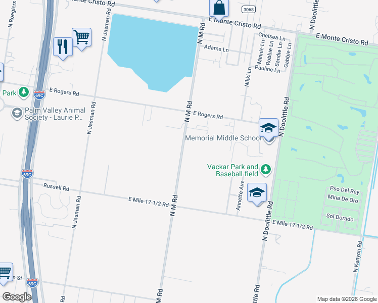 map of restaurants, bars, coffee shops, grocery stores, and more near 2512 North M Road in Edinburg
