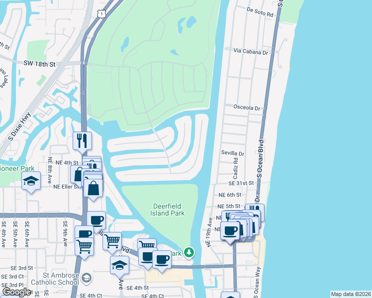 map of restaurants, bars, coffee shops, grocery stores, and more near 360 East Coconut Palm Road in Boca Raton