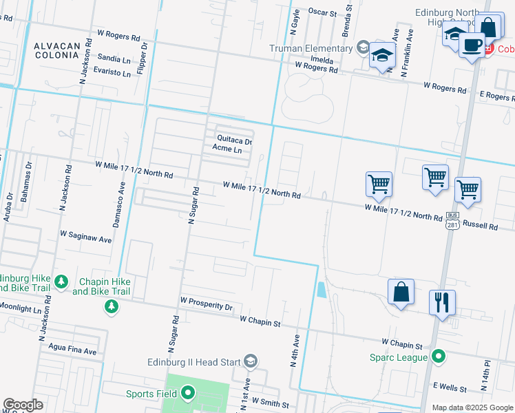 map of restaurants, bars, coffee shops, grocery stores, and more near 2104 Garden Ridge Drive in Edinburg