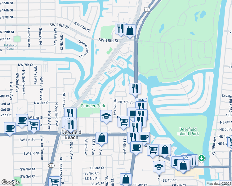map of restaurants, bars, coffee shops, grocery stores, and more near 475 Northeast 8th Avenue in Deerfield Beach