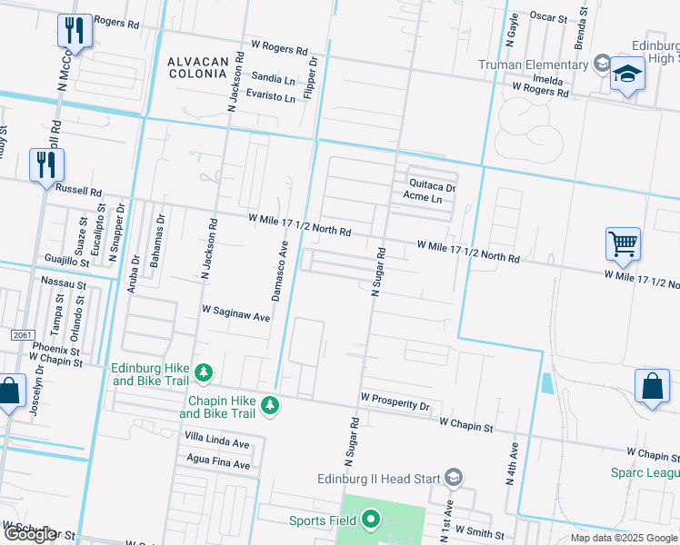 map of restaurants, bars, coffee shops, grocery stores, and more near 1712 West Portales Drive in Edinburg