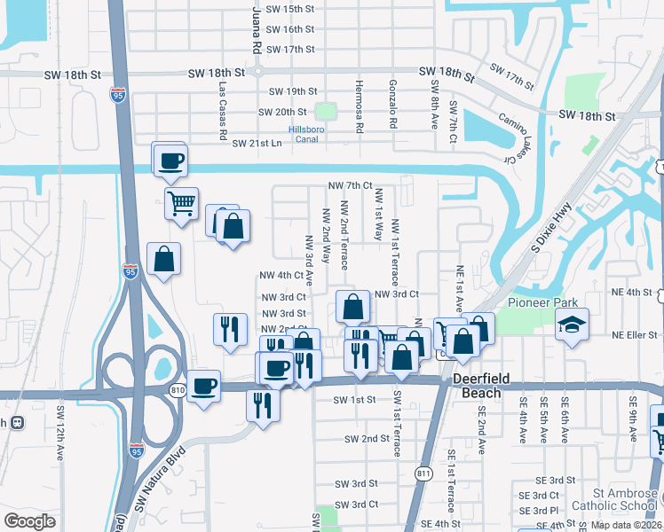 map of restaurants, bars, coffee shops, grocery stores, and more near 441 Northwest 2nd Way in Deerfield Beach