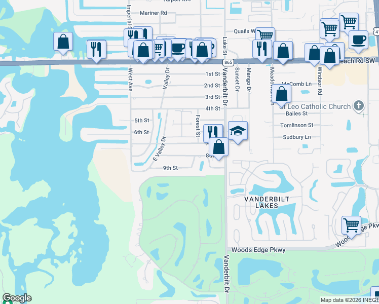 map of restaurants, bars, coffee shops, grocery stores, and more near 65 8th Street in Bonita Springs