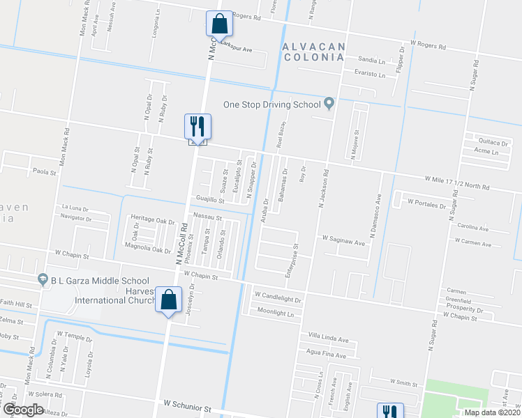 map of restaurants, bars, coffee shops, grocery stores, and more near 1811 Aruba Drive in Edinburg