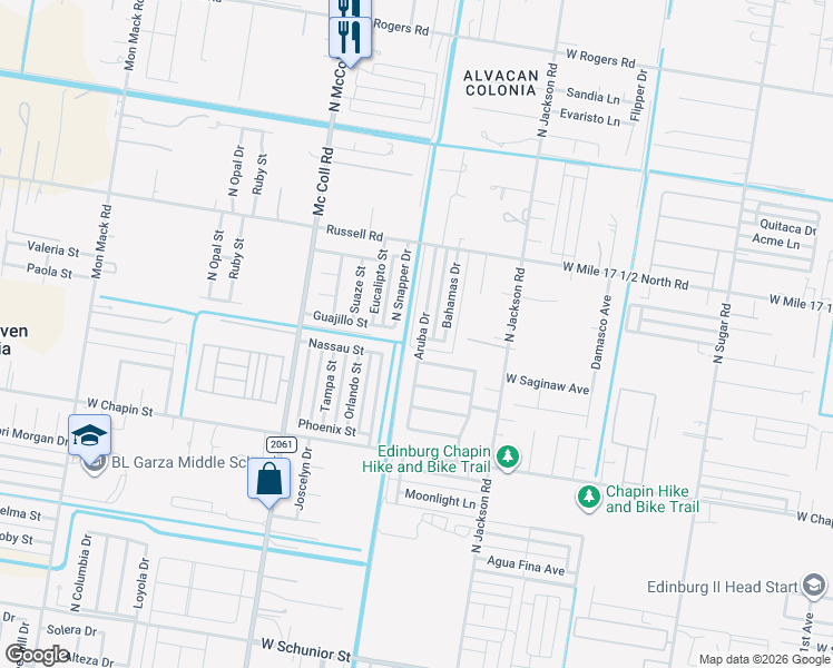 map of restaurants, bars, coffee shops, grocery stores, and more near 1811 Aruba Drive in Edinburg