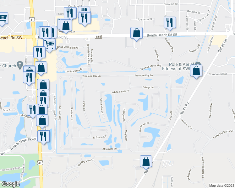 map of restaurants, bars, coffee shops, grocery stores, and more near 9881 White Sands Place in Bonita Springs