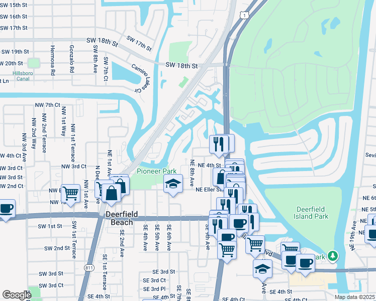 map of restaurants, bars, coffee shops, grocery stores, and more near 475 Northeast 8th Avenue in Deerfield Beach