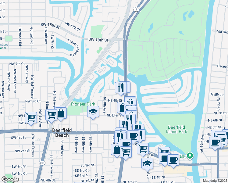 map of restaurants, bars, coffee shops, grocery stores, and more near 896 Northeast 5th Street in Deerfield Beach