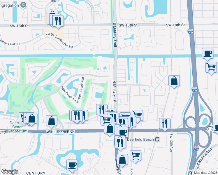 map of restaurants, bars, coffee shops, grocery stores, and more near 1940 Woodlake Terrace in Deerfield Beach