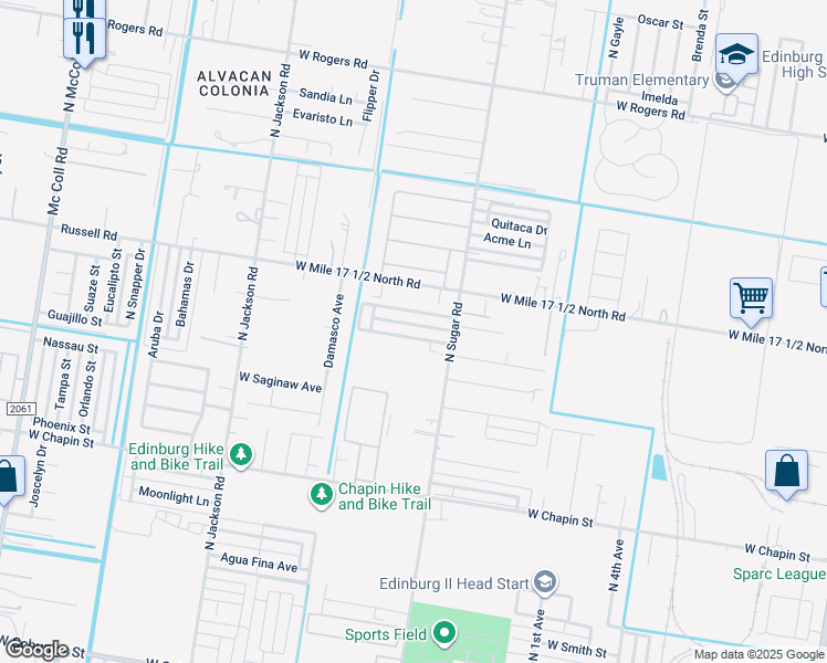 map of restaurants, bars, coffee shops, grocery stores, and more near 1712 West Portales Drive in Edinburg