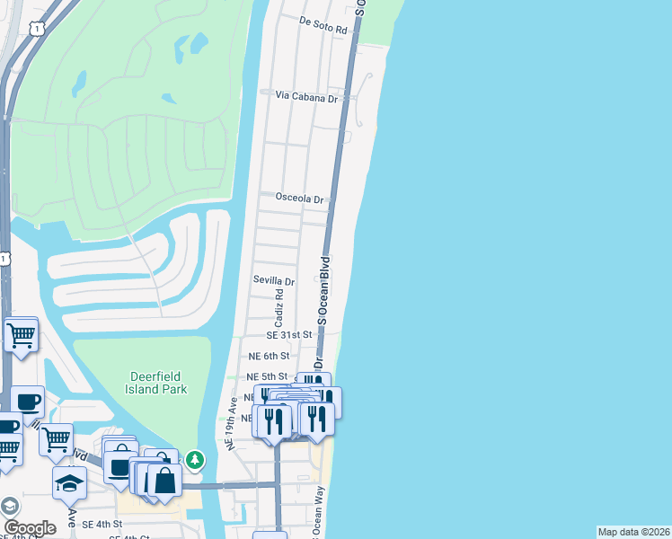 map of restaurants, bars, coffee shops, grocery stores, and more near 2800 South Ocean Boulevard in Boca Raton
