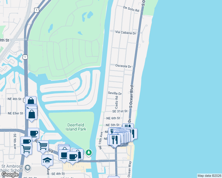 map of restaurants, bars, coffee shops, grocery stores, and more near 2840 Spanish River Road in Boca Raton